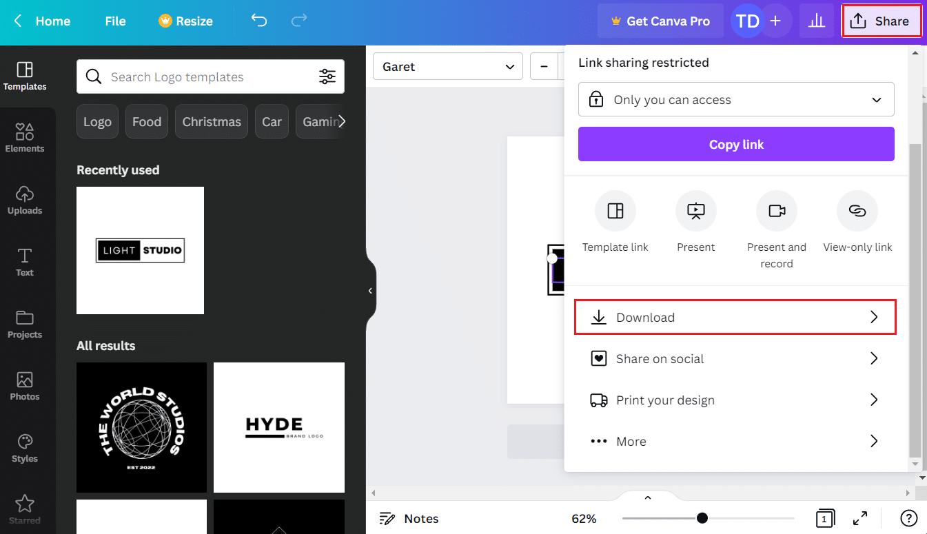 Haga clic en Compartir - Descargar para guardar el logotipo editado en su dispositivo |  cambia el texto de tu logo