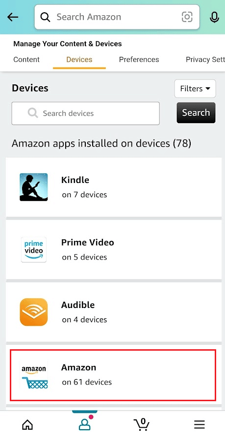 Toque en Amazon de la lista para ver todos los dispositivos registrados