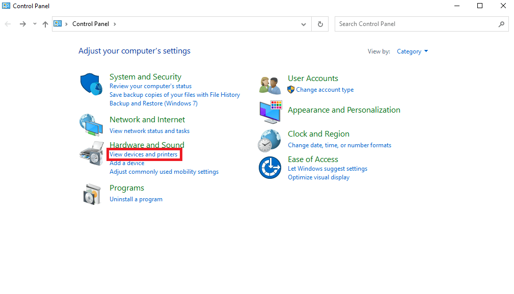 haga clic en Ver dispositivos e impresoras