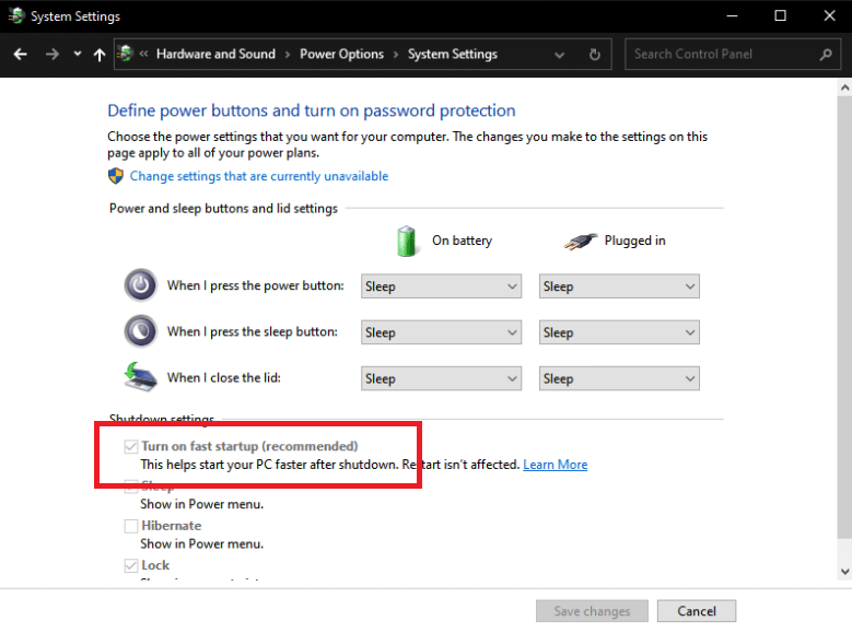 Deshabilitar inicio rápido