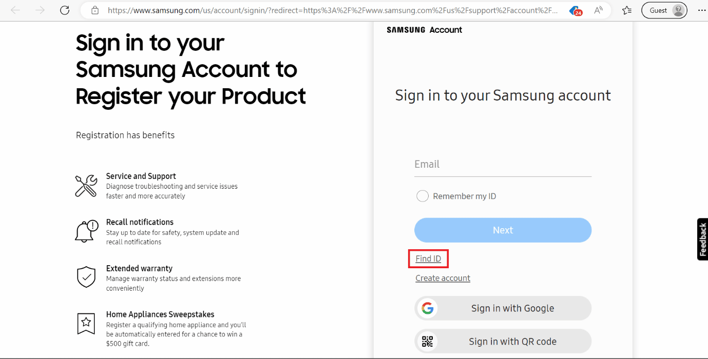 Se muestra la opción Buscar ID para la cuenta de Samsung