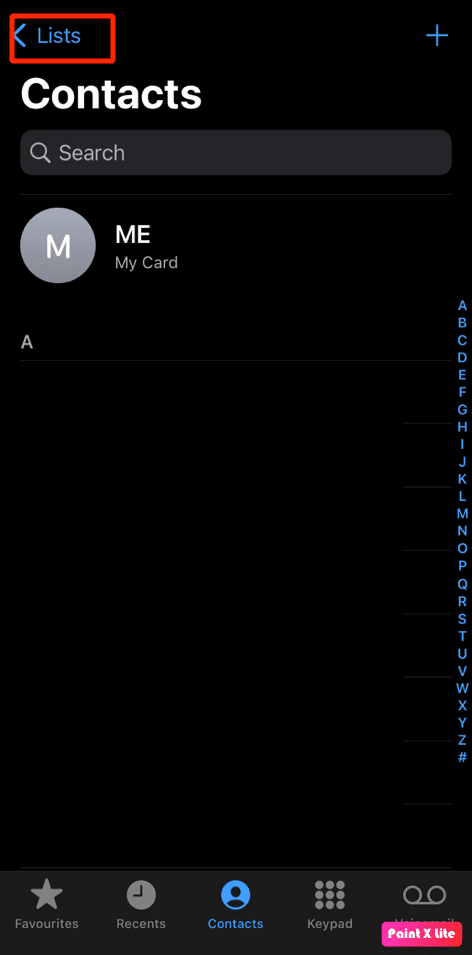 toque en la opción de listas |  Cómo arreglar todos los nombres de contactos desaparecidos en iPhone