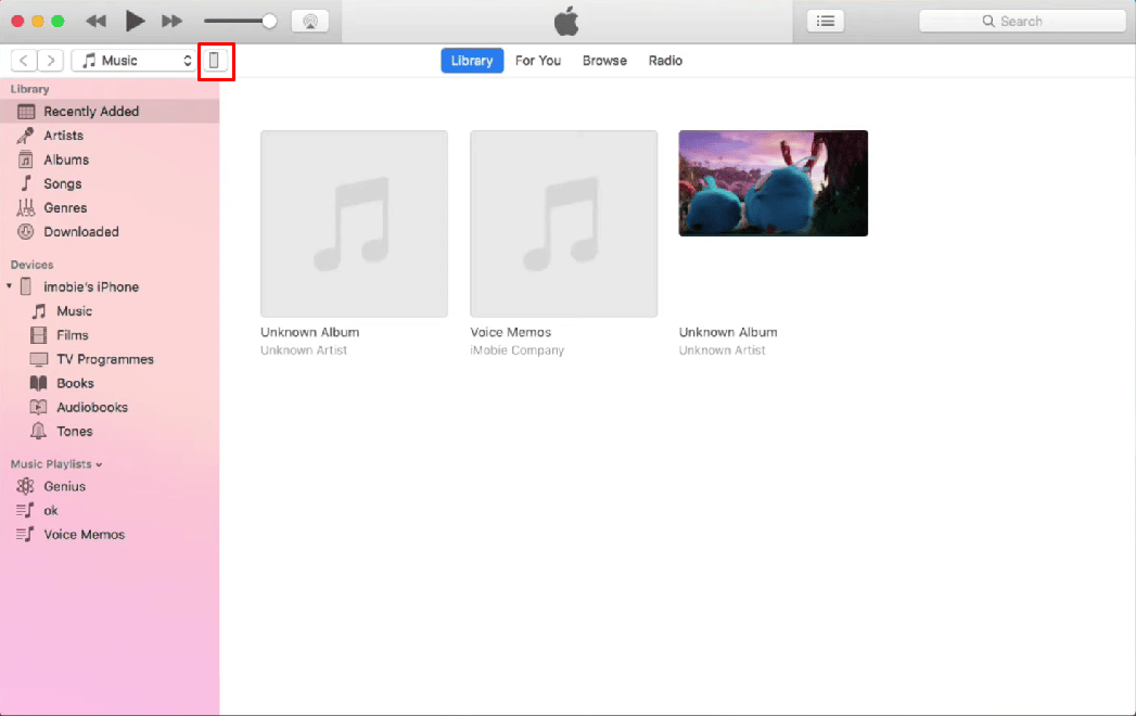 Luego haga clic en el icono del dispositivo presente en la parte superior izquierda de la pantalla de inicio de iTunes. 