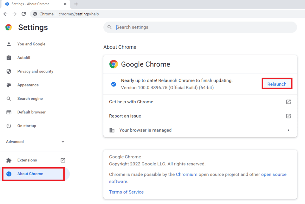 Haga clic en Acerca de Chrome y Relanzamiento.  Las 14 mejores soluciones para el problema del código QR web de WhatsApp que no funciona