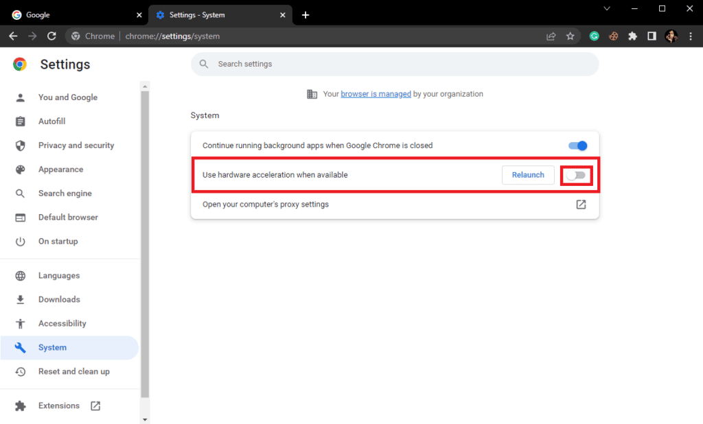 Desactiva Usar aceleración de hardware cuando esté disponible 