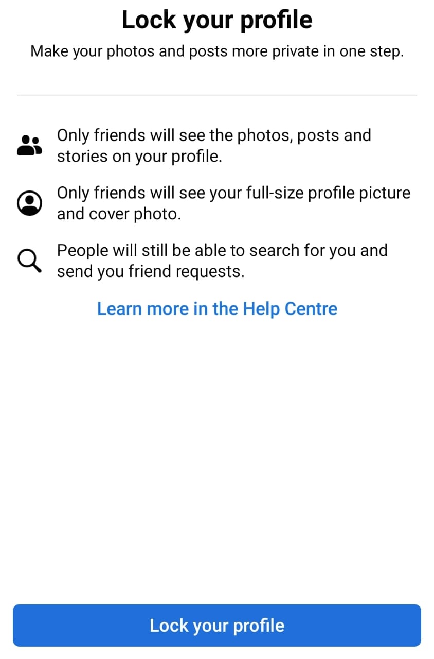 Opción de bloqueo de perfil de Facebook