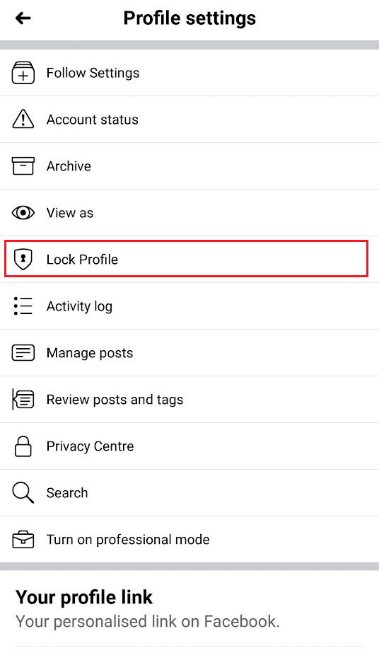 toque la opción Bloquear perfil