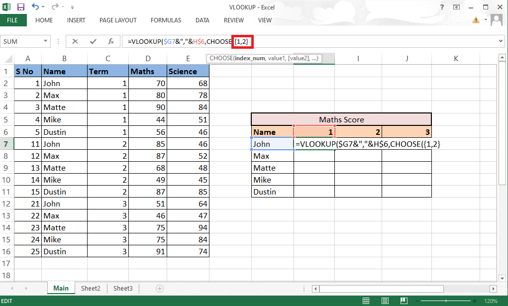 Escriba 1,2 entre corchetes como index_num para crear una combinación 