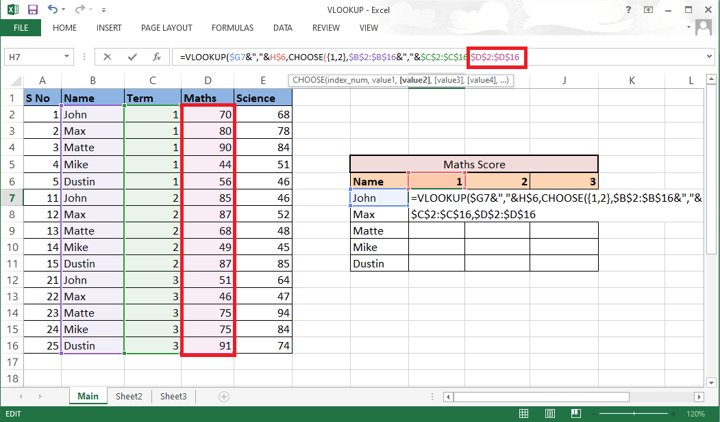 Para agregar value2, seleccione la columna Matemáticas que se requiere como resultado y bloquee los valores presionando la tecla F4 