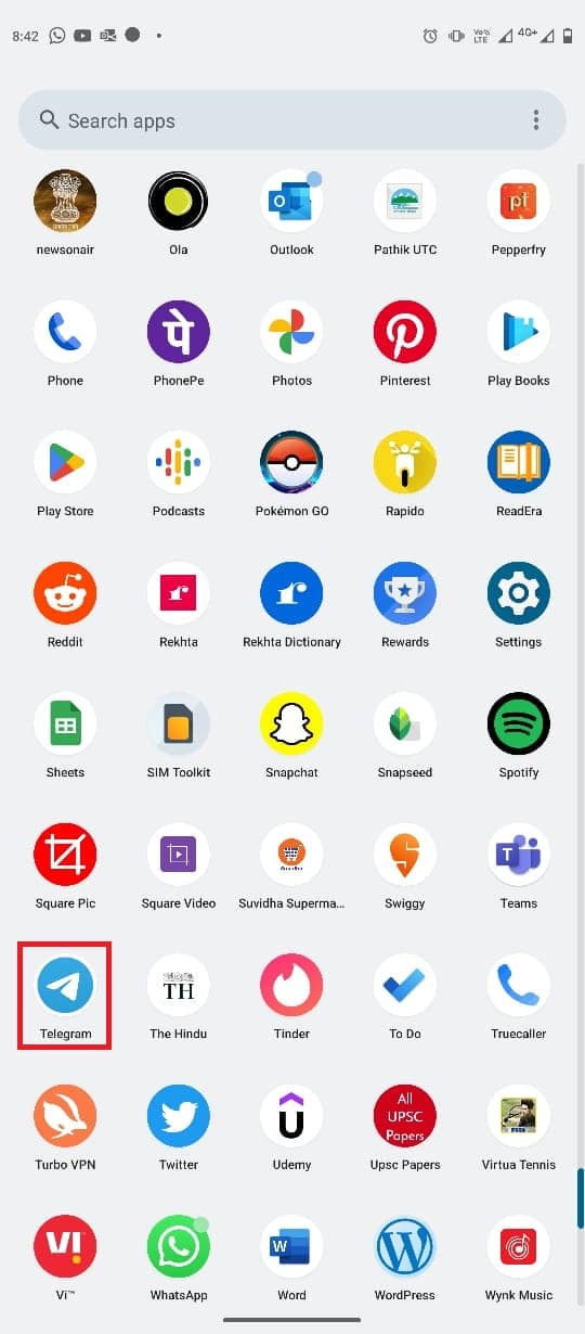 Abre Telegram desde el menú del teléfono 