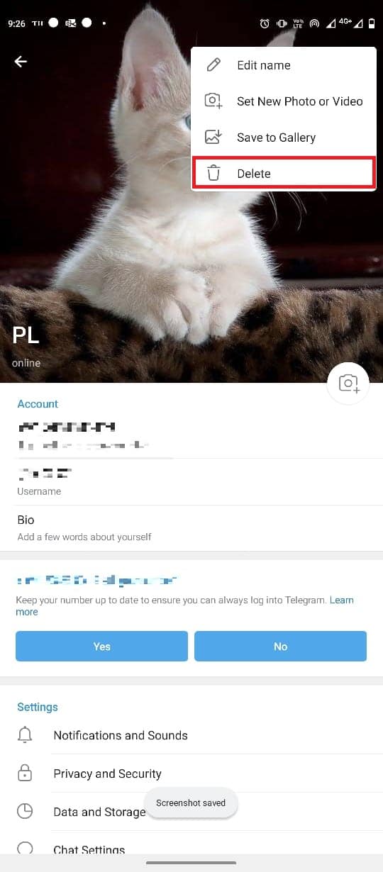 toque Eliminar para eliminar la imagen de perfil.  Cómo agregar, cambiar y eliminar la imagen de perfil de Telegram