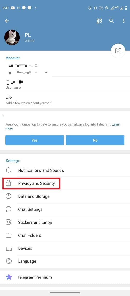vaya a Privacidad y seguridad.  Cómo agregar, cambiar y eliminar la imagen de perfil de Telegram