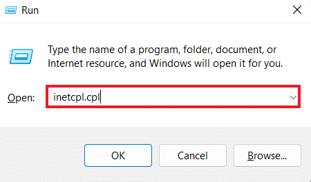 En el cuadro Ejecutar, ingrese inetcpl.cpl 