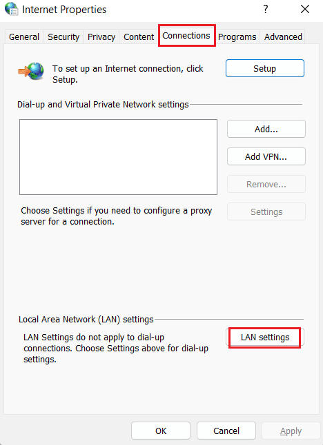 Haga clic en la pestaña Conexiones y seleccione Configuración de LAN.  Arreglar Err Proxy Connection Falló Error de Chrome