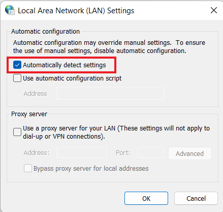 Casilla de verificación para Detectar configuraciones automáticamente 