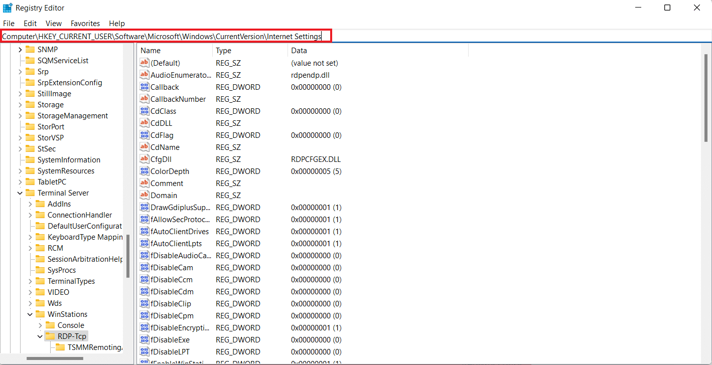 Navegue a la carpeta de claves de Configuración de Internet