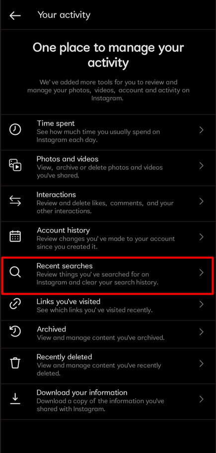   Toque en el menú Búsquedas recientes en la siguiente ventana
