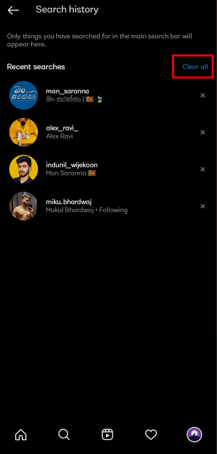 Presiona Borrar todo.  Haga clic en este ícono en la esquina superior derecha para borrar todos sus historiales de búsqueda.  |  Cómo restablecer o borrar las sugerencias de búsqueda de Instagram