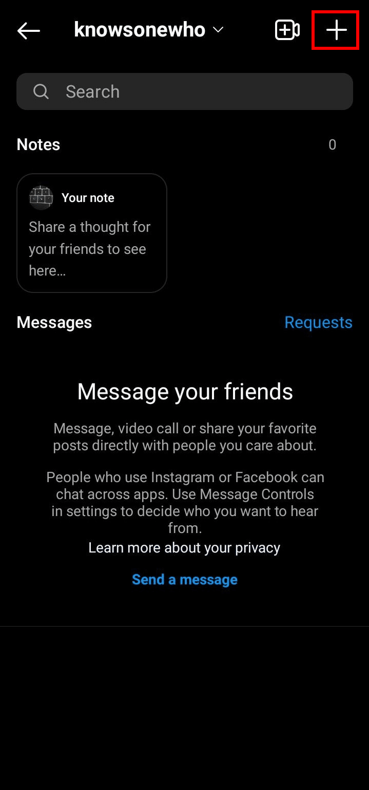 Toque el ícono más en la esquina superior derecha de la pantalla.  |  Cómo cancelar el envío de mensajes en Instagram
