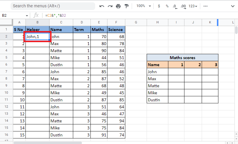 Presiona Enter para ver el resultado de la combinación que es John,1 