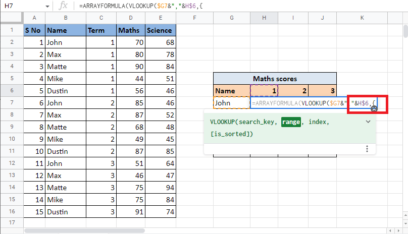 Agregue una coma (,) y comience a construir el rango abriendo un corchete 