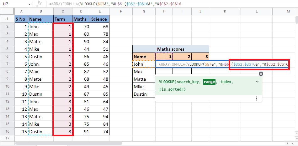 Agregue un separador (&”,”&) y seleccione la columna Término que combinaremos con la columna Nombre.  Bloquee las celdas seleccionadas presionando la tecla F4 |  Cómo VLOOKUP Múltiples Criterios y Columnas en Hojas de cálculo de Google