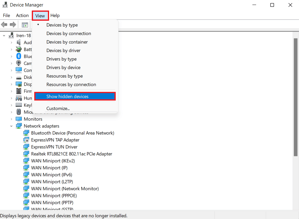 Haga clic en la pestaña Ver y luego en Mostrar dispositivos ocultos.  Arreglar la falta de pantalla táctil compatible con HID
