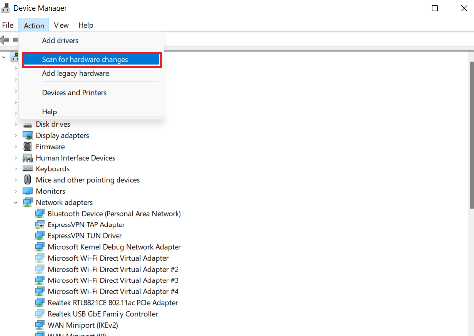 Seleccione Buscar cambios de hardware 