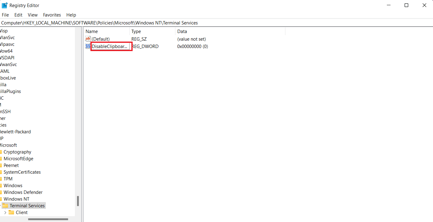 Cambie el nombre del valor como DisableClipboardRedirection.  Arreglar la imposibilidad de copiar y pegar en la sesión de escritorio remoto