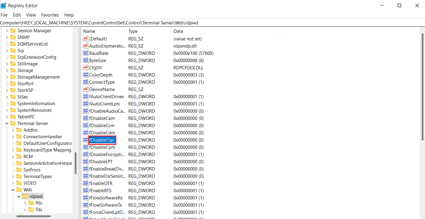Establezca el valor de fDisableClip en 0 y haga clic en Aceptar.  Arreglar la imposibilidad de copiar y pegar en la sesión de escritorio remoto