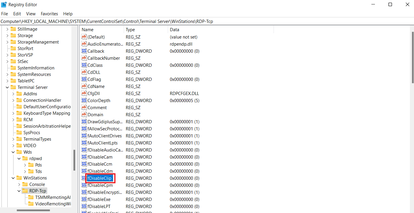 Establezca el valor de fDisableClip en 0 y haga clic en Aceptar.  Arreglar la imposibilidad de copiar y pegar en la sesión de escritorio remoto