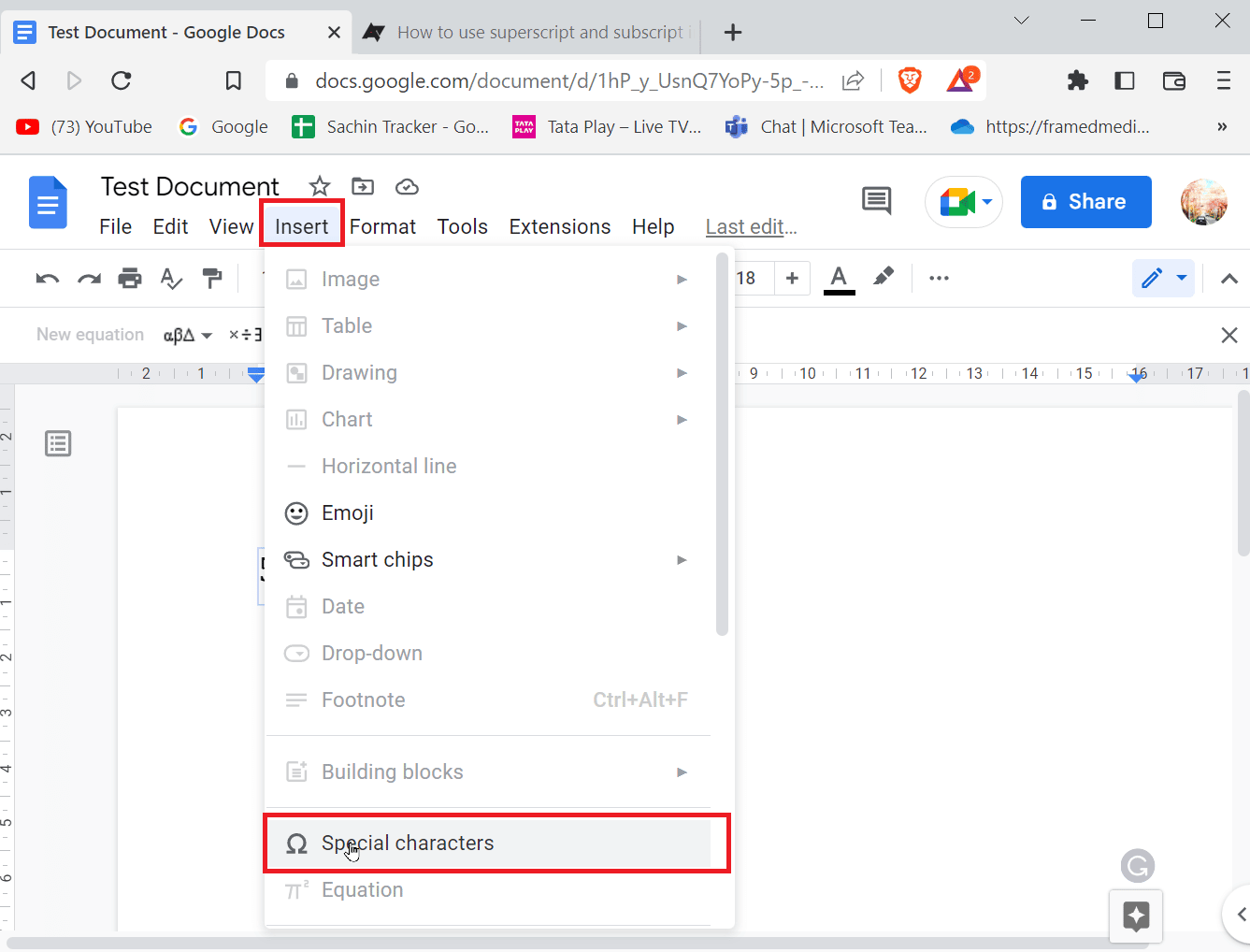 Vaya a Insertar y haga clic en Caracteres especiales. Cómo agregar flechas, superíndices y símbolos en Google Docs