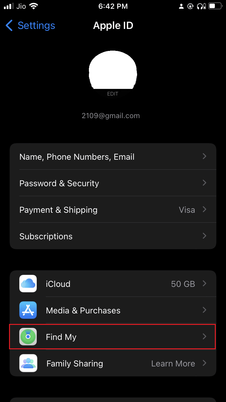 toque la opción Buscar mi en la configuración de opciones de perfil de iPhone |  ¿Cómo puedes saber si alguien apagó su ubicación en el iPhone?