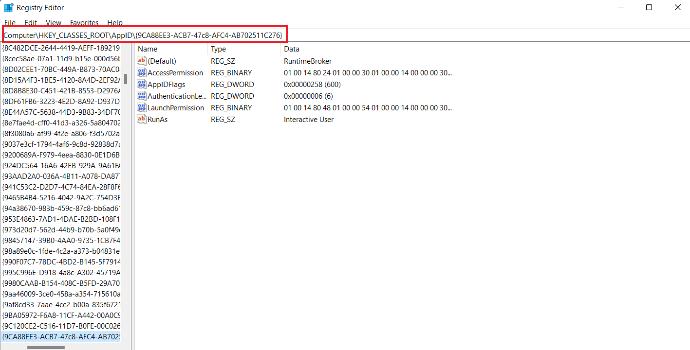 Vaya a ComputadoraHKEY_CLASSES_ROOTAppID{9CA88EE3-ACB7-47c8-AFC4-AB702511C276}