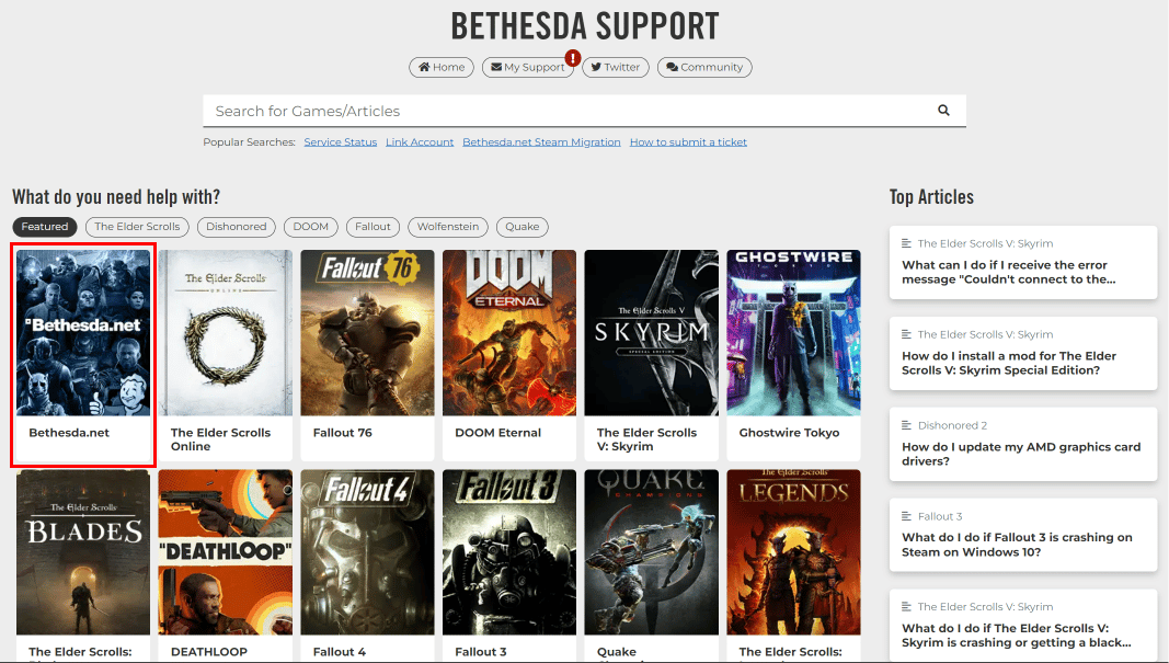 En el centro de soporte, haga clic en Bethesda.net.  |  cambiar cuenta de bethesda