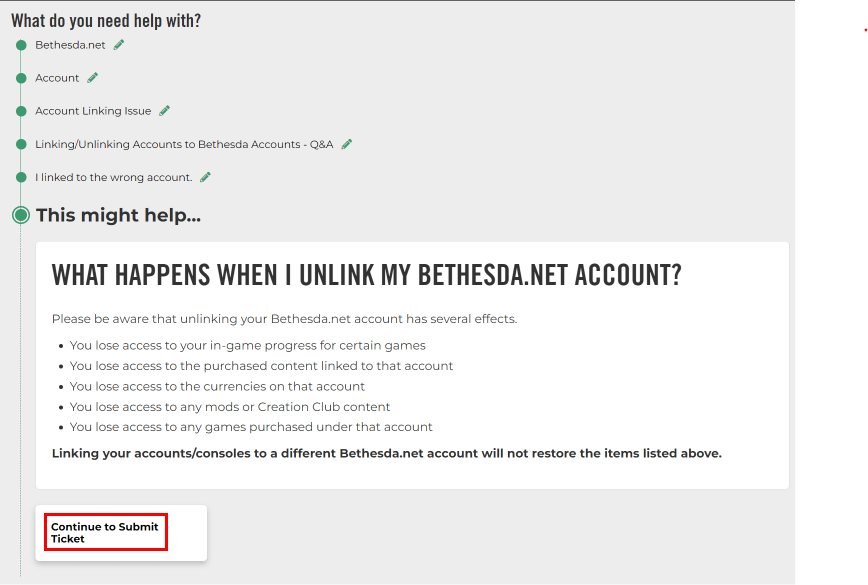 Seleccione el motivo apropiado para contactar y haga clic en el botón Continuar para enviar el ticket.  |  cambiar mi correo electrónico en la cuenta de bethesda de Fallout 4