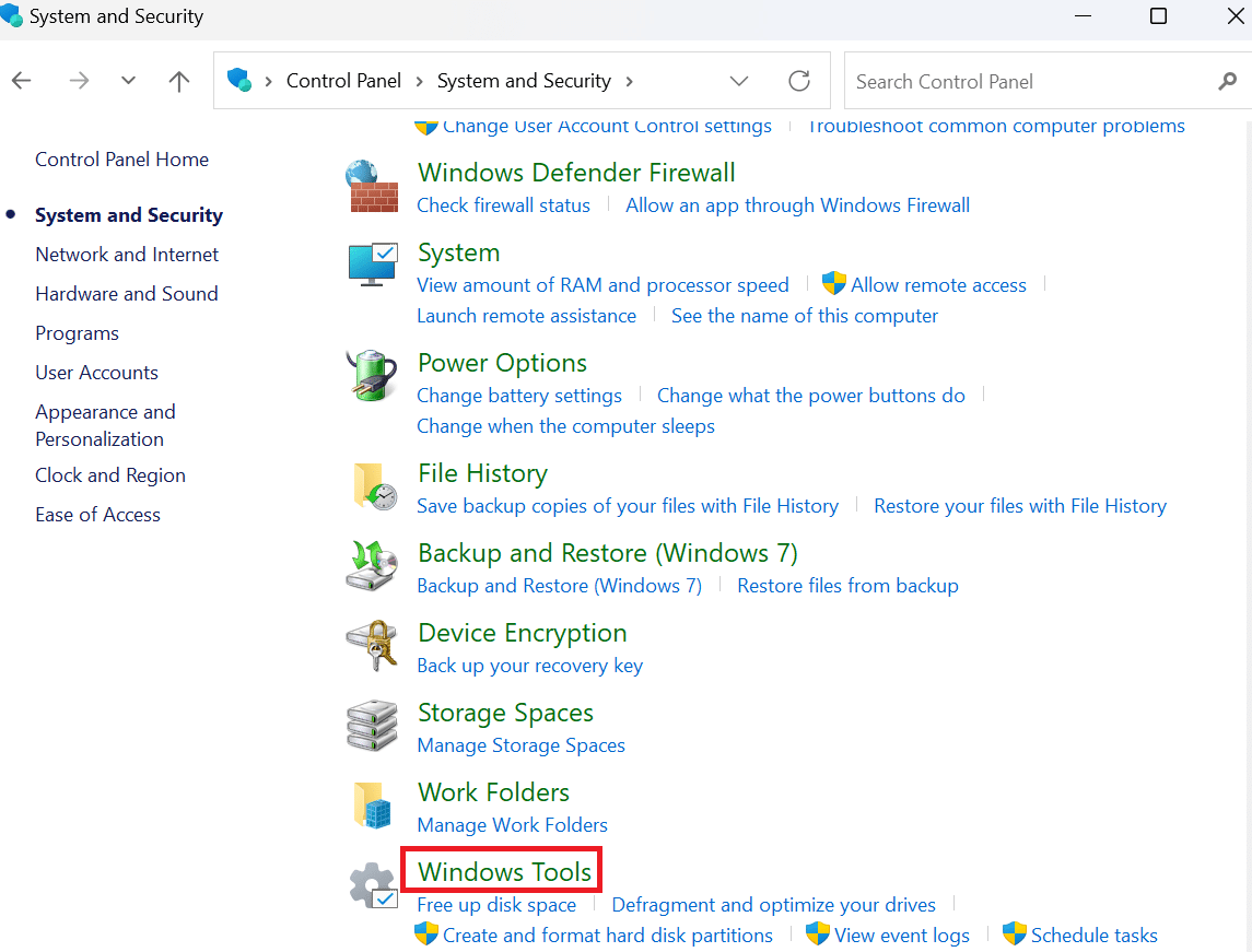 seleccione la opción Herramientas de Windows