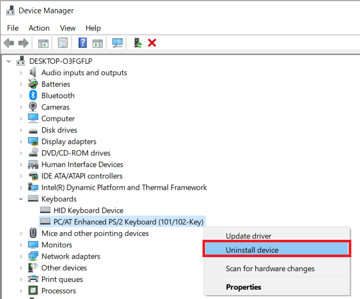 Haga clic derecho en los controladores de su teclado y seleccione Desinstalar dispositivo