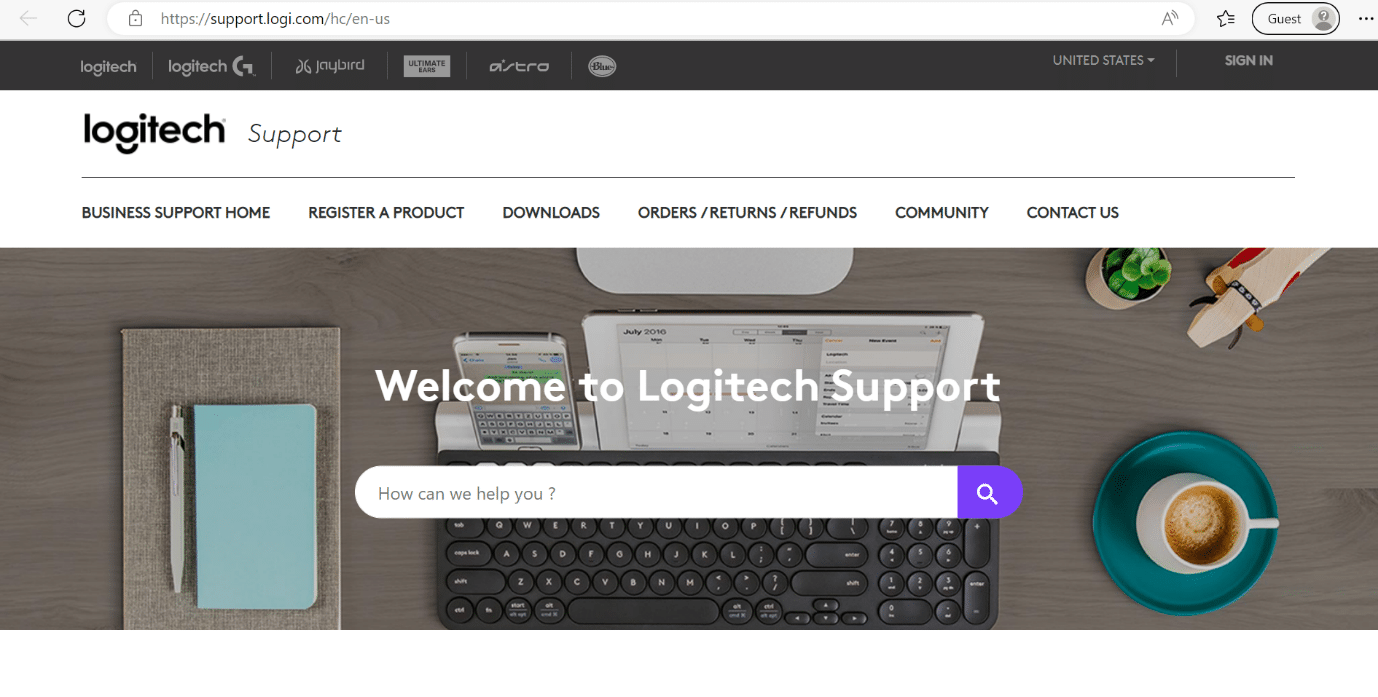 página de soporte de logitech