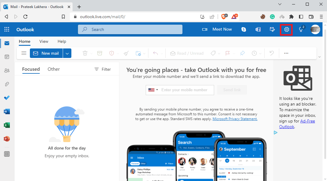 Ubique y haga clic en el icono de engranaje para abrir el panel de configuración | Notificaciones push del calendario de la aplicación de Outlook en la aplicación web de escritorio