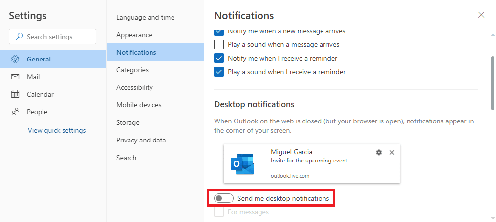 Ubique y active o desactive la palanca Enviarme notificaciones de escritorio |  Notificaciones push del calendario de la aplicación de Outlook en la aplicación web de escritorio