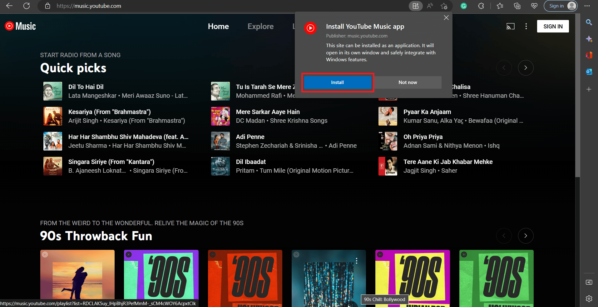 Para instalar YouTube Music en su computadora, haga clic en Instalar en el aviso | Cómo instalar la aplicación de escritorio de música de YouTube Windows