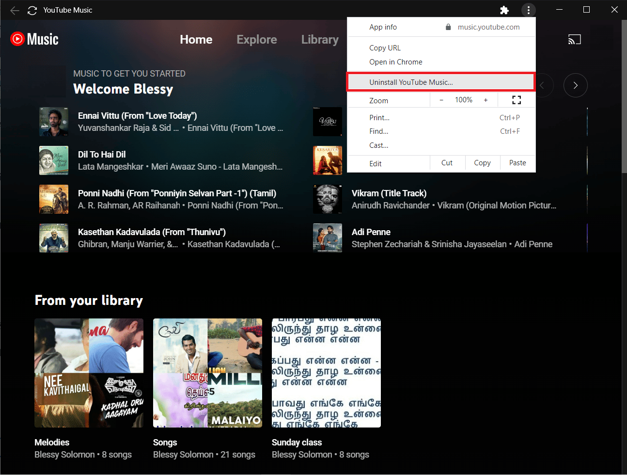 elige Desinstalar YouTube Music