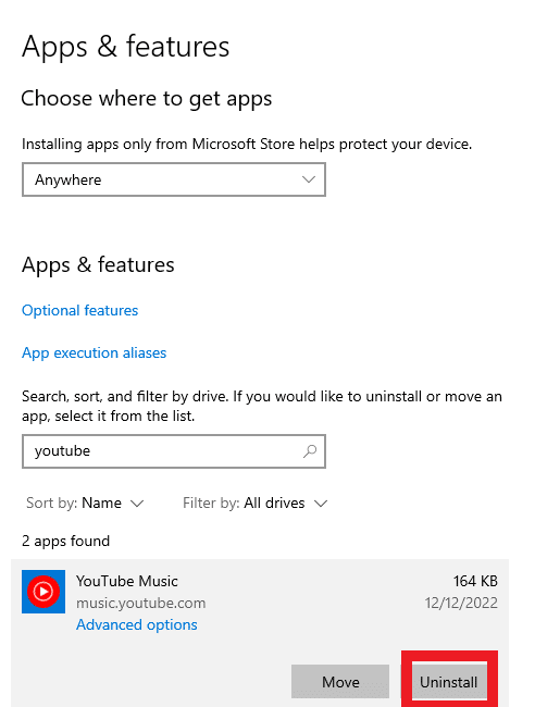 Busque y haga clic en Youtube y seleccione la opción Desinstalar | Cómo instalar la aplicación de escritorio de música de YouTube Windows