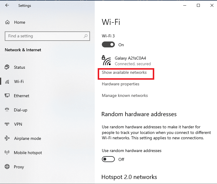 Haz clic en la opción Mostrar redes disponibles para buscar redes WiFi |  Cox Wi-Fi hotspot código de prueba gratuito
