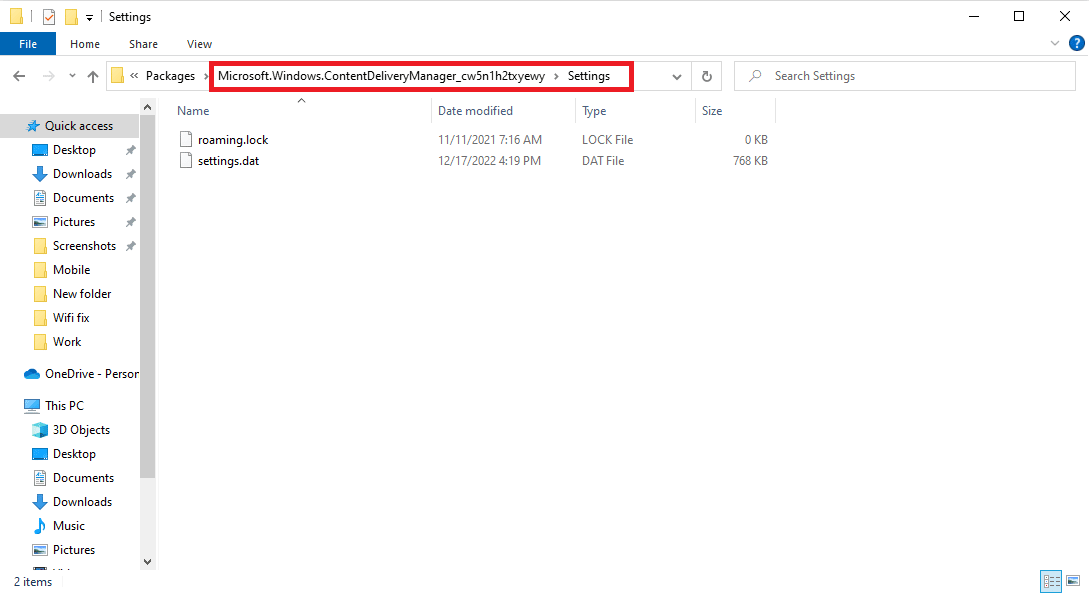 vaya a la carpeta de claves Configuración.  Reparar la pantalla de bloqueo de Windows Spotlight no funciona