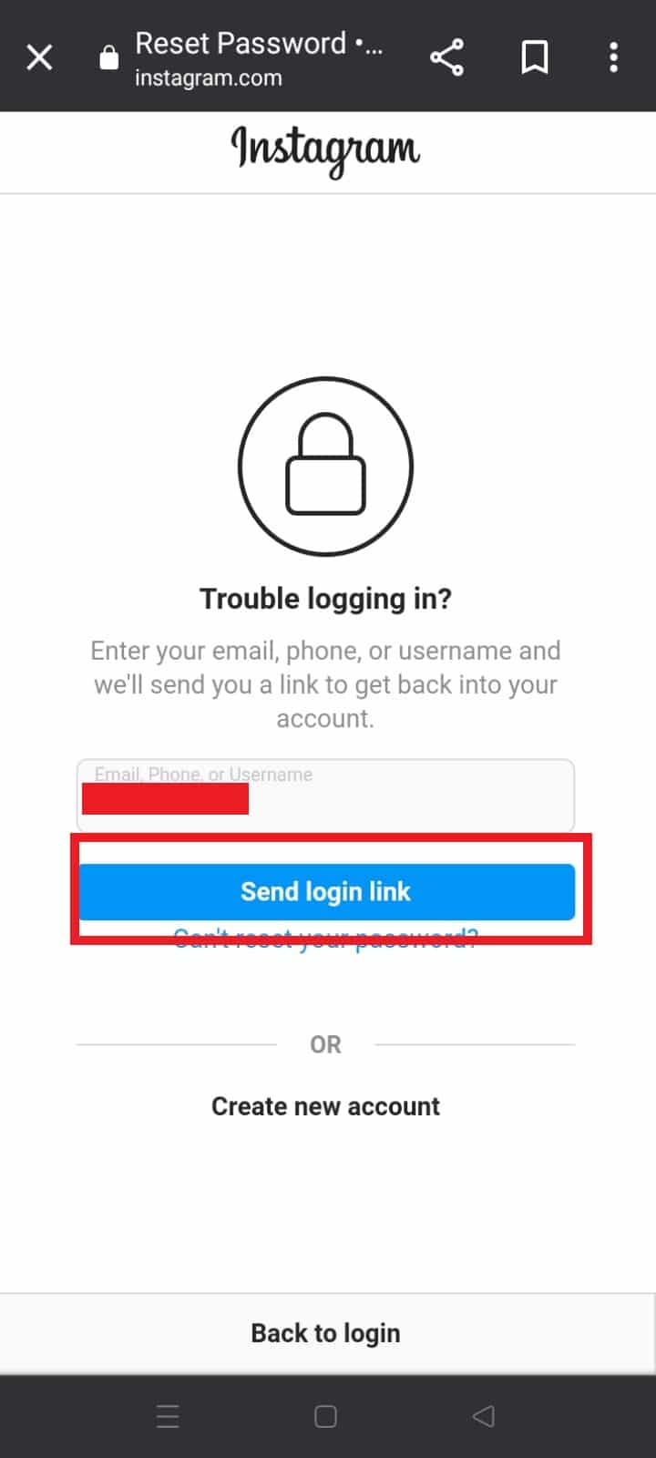   Ingrese su nombre de usuario, número de teléfono o identificación de correo electrónico y toque Enviar enlace de inicio de sesión |  Cómo cambiar tu contraseña de Instagram si la olvidaste