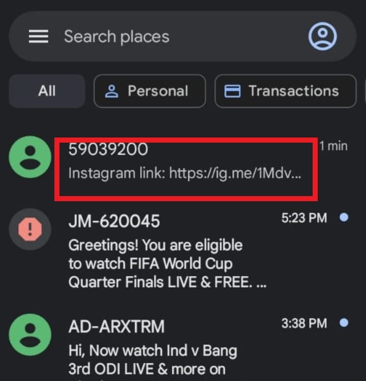 Abre el mensaje de texto que has recibido de Instagram