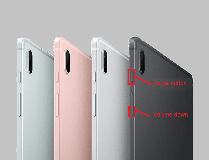 presione el botón para bajar el volumen de encendido de la tableta Samsung
