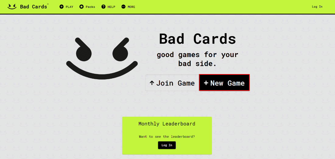 Haga clic en Nuevo juego.  Cómo jugar a las cartas contra la humanidad en línea con amigos